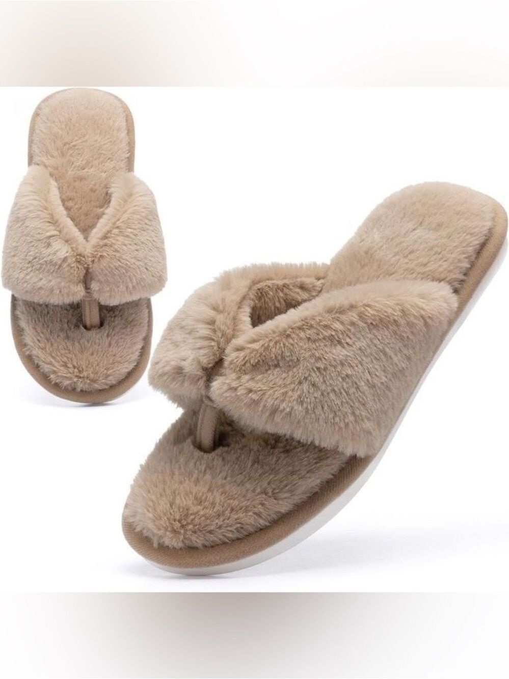 Furry Fuzzy Thong Slide Cushioned Sandals Slippers Flip Flops in Taupe